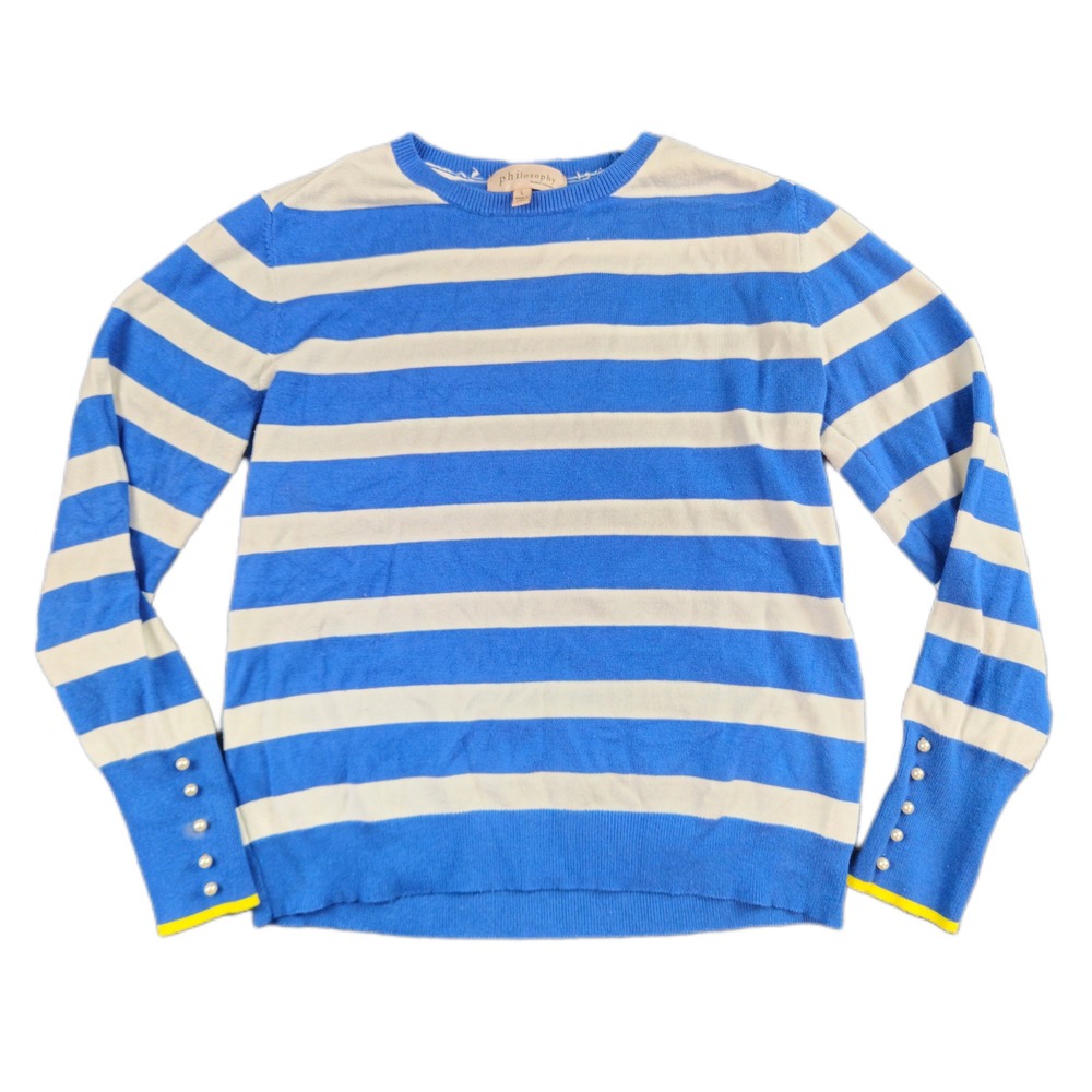 PHILOSOPHY Sweater Nautical Stripe Blue White Pearl‎ Button Cuff Womens Large